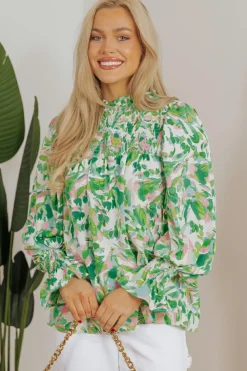 New Dear-Lover Leafy Printed Flounce Sleeve Shirred Mock Neck Blouse Green