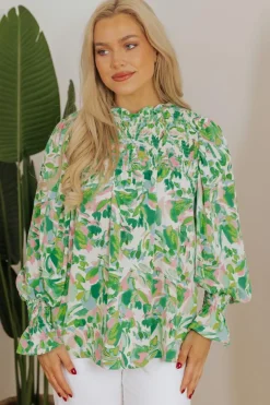 New Dear-Lover Leafy Printed Flounce Sleeve Shirred Mock Neck Blouse Green