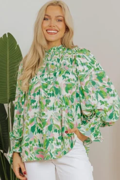 New Dear-Lover Leafy Printed Flounce Sleeve Shirred Mock Neck Blouse Green