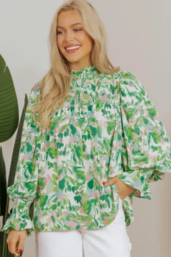 New Dear-Lover Leafy Printed Flounce Sleeve Shirred Mock Neck Blouse Green