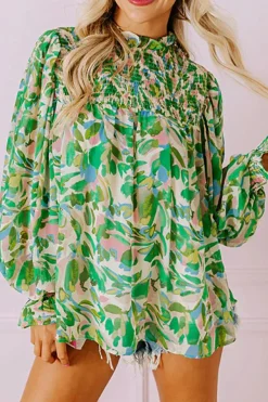 New Dear-Lover Leafy Printed Flounce Sleeve Shirred Mock Neck Blouse Green