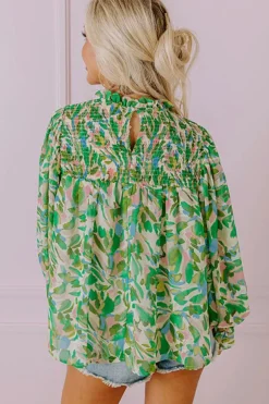 New Dear-Lover Leafy Printed Flounce Sleeve Shirred Mock Neck Blouse Green