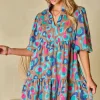 Hot Dear-Lover Leopard Print Bubble Sleeve Slit Neck Ruffled Dress Green
