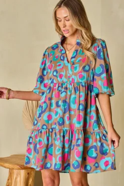 Hot Dear-Lover Leopard Print Bubble Sleeve Slit Neck Ruffled Dress Green