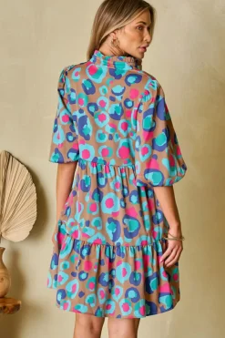 Hot Dear-Lover Leopard Print Bubble Sleeve Slit Neck Ruffled Dress Green