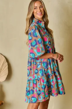 Hot Dear-Lover Leopard Print Bubble Sleeve Slit Neck Ruffled Dress Green