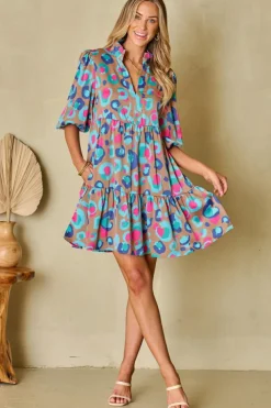 Hot Dear-Lover Leopard Print Bubble Sleeve Slit Neck Ruffled Dress Green