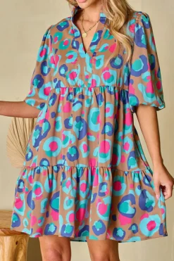 Hot Dear-Lover Leopard Print Bubble Sleeve Slit Neck Ruffled Dress Green