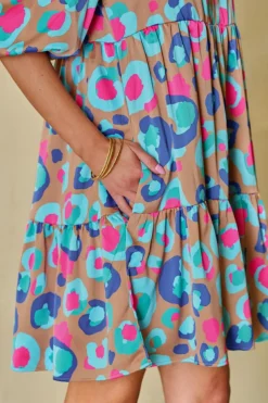 Hot Dear-Lover Leopard Print Bubble Sleeve Slit Neck Ruffled Dress Green