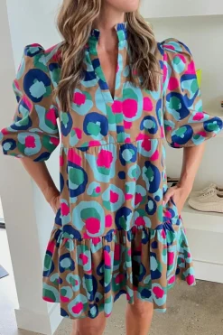 Hot Dear-Lover Leopard Print Bubble Sleeve Slit Neck Ruffled Dress Green
