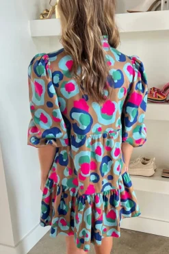Hot Dear-Lover Leopard Print Bubble Sleeve Slit Neck Ruffled Dress Green