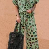 Sale Dear-Lover Leopard Print Short Sleeve Shirt and Wide Leg Pants Set Green