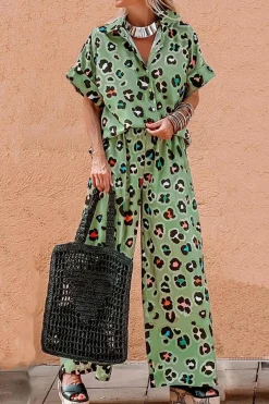 Sale Dear-Lover Leopard Print Short Sleeve Shirt and Wide Leg Pants Set Green