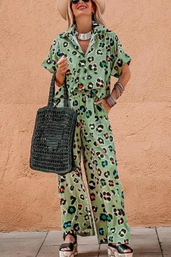 Sale Dear-Lover Leopard Print Short Sleeve Shirt and Wide Leg Pants Set Green