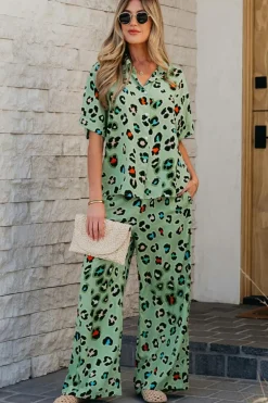 Sale Dear-Lover Leopard Print Short Sleeve Shirt and Wide Leg Pants Set Green
