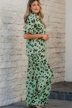 Sale Dear-Lover Leopard Print Short Sleeve Shirt and Wide Leg Pants Set Green