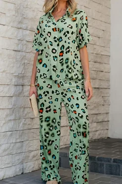Sale Dear-Lover Leopard Print Short Sleeve Shirt and Wide Leg Pants Set Green
