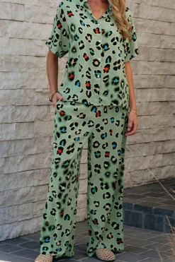 Sale Dear-Lover Leopard Print Short Sleeve Shirt and Wide Leg Pants Set Green