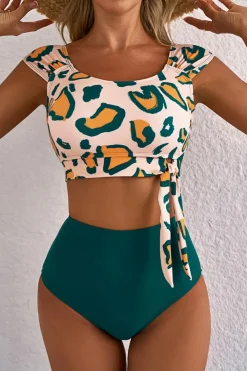 Outlet Dear-Lover Leopard Print U Neck Knotted High Waist Bikini Set Green