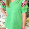 Online Dear-Lover Leopard Printed Bubble Sleeve V Neck Blouse Green