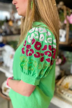Online Dear-Lover Leopard Printed Bubble Sleeve V Neck Blouse Green