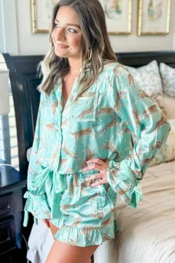 Best Dear-Lover Leopard Satin Ruffle Pajama Short Set Green