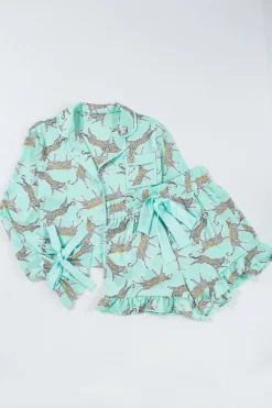 Best Dear-Lover Leopard Satin Ruffle Pajama Short Set Green