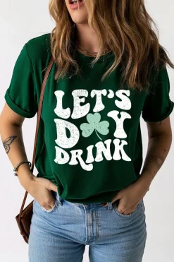 Hot Dear-Lover Lets Day Drink Clover Print Round Neck T Shirt Green