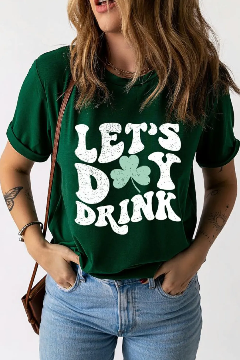 Hot Dear-Lover Lets Day Drink Clover Print Round Neck T Shirt Green