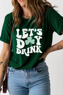 Hot Dear-Lover Lets Day Drink Clover Print Round Neck T Shirt Green