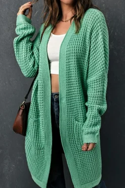 New Dear-Lover Long Line Open Front Knitted Cardigan with Pockets Green
