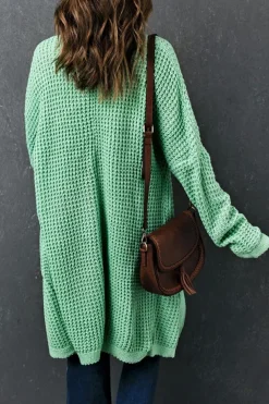 New Dear-Lover Long Line Open Front Knitted Cardigan with Pockets Green