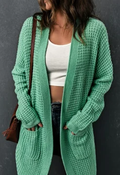 New Dear-Lover Long Line Open Front Knitted Cardigan with Pockets Green