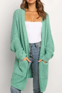 New Dear-Lover Long Line Open Front Knitted Cardigan with Pockets Green
