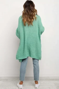New Dear-Lover Long Line Open Front Knitted Cardigan with Pockets Green