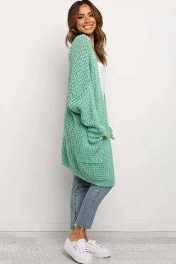 New Dear-Lover Long Line Open Front Knitted Cardigan with Pockets Green