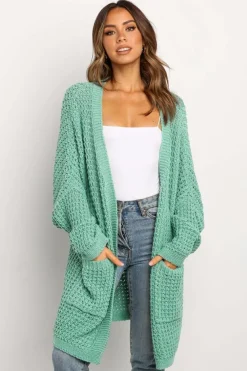 New Dear-Lover Long Line Open Front Knitted Cardigan with Pockets Green