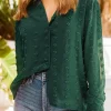 Fashion Dear-Lover Long Sleeve Button Fuzzy Polka Dot Shirt Green