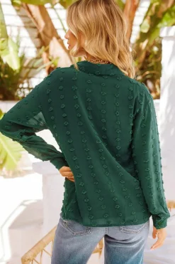 Fashion Dear-Lover Long Sleeve Button Fuzzy Polka Dot Shirt Green