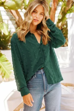 Fashion Dear-Lover Long Sleeve Button Fuzzy Polka Dot Shirt Green