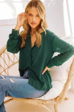 Fashion Dear-Lover Long Sleeve Button Fuzzy Polka Dot Shirt Green