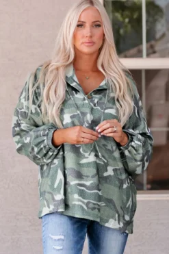 Outlet Dear-Lover Long Sleeve Camo Print Oversize Hoodie Green
