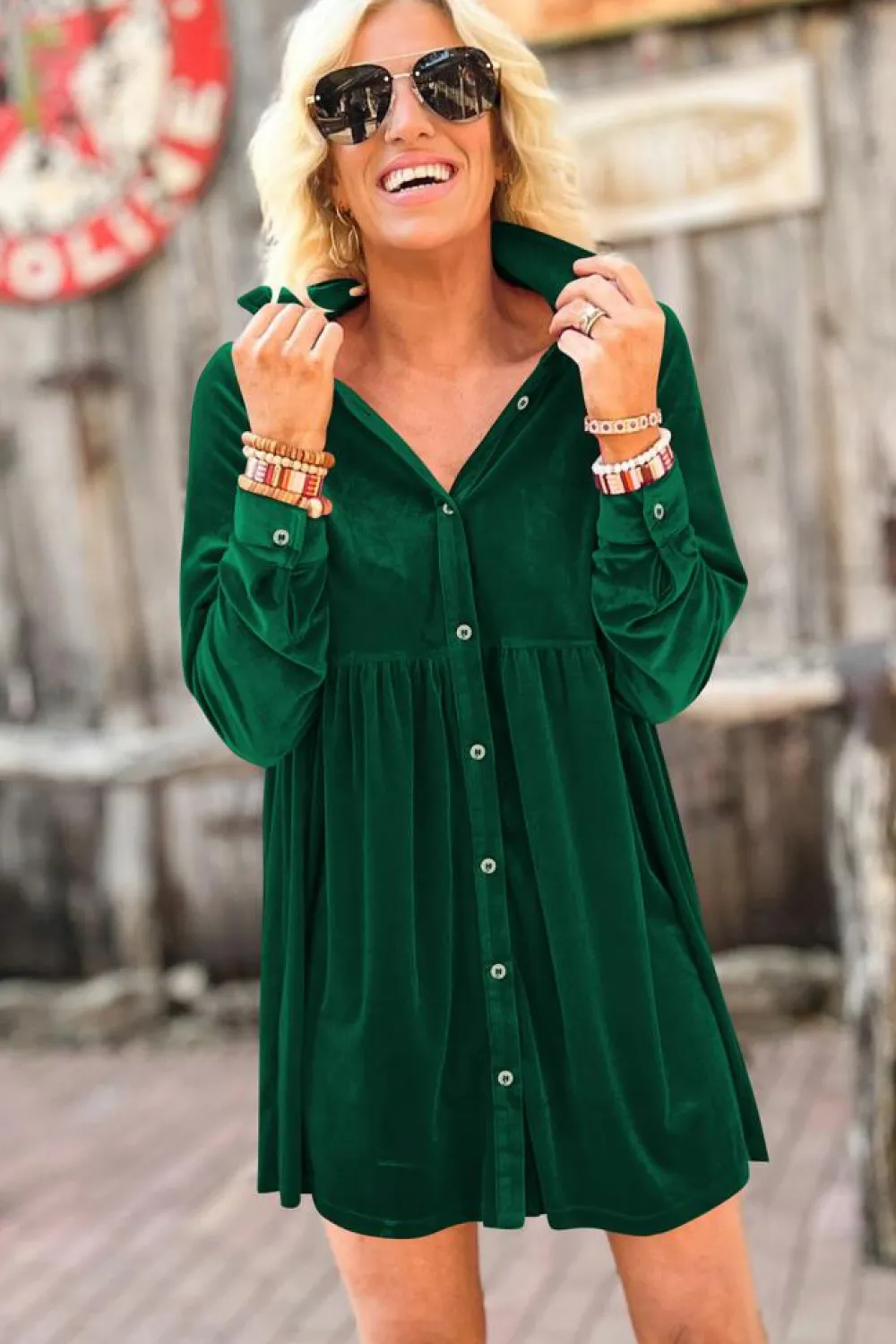 Outlet Dear-Lover Long Sleeve Ruffle Velvet Button Up Dress Green