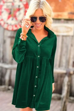 Outlet Dear-Lover Long Sleeve Ruffle Velvet Button Up Dress Green
