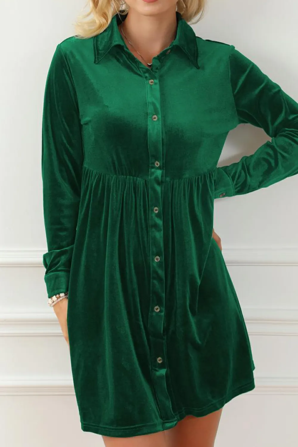 Outlet Dear-Lover Long Sleeve Ruffle Velvet Button Up Dress Green
