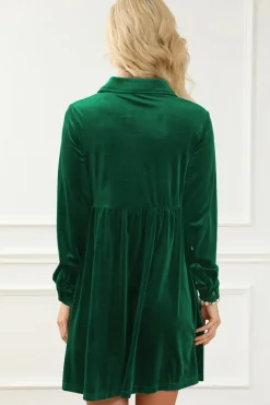 Outlet Dear-Lover Long Sleeve Ruffle Velvet Button Up Dress Green