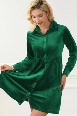 Outlet Dear-Lover Long Sleeve Ruffle Velvet Button Up Dress Green