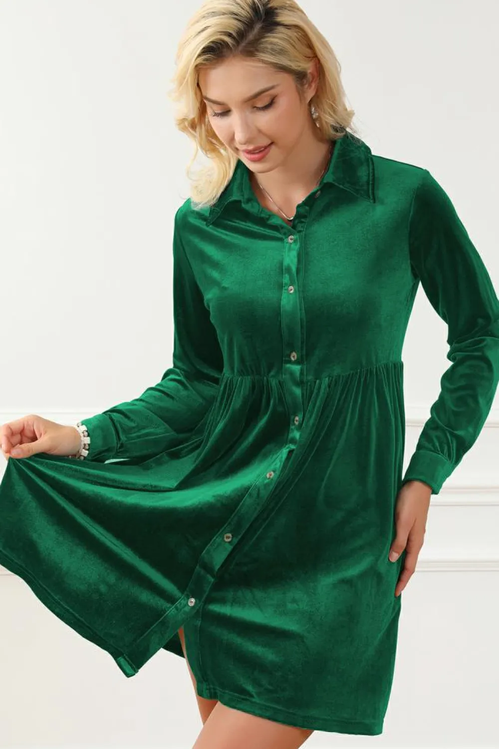 Outlet Dear-Lover Long Sleeve Ruffle Velvet Button Up Dress Green