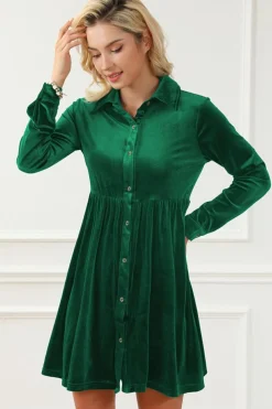Outlet Dear-Lover Long Sleeve Ruffle Velvet Button Up Dress Green