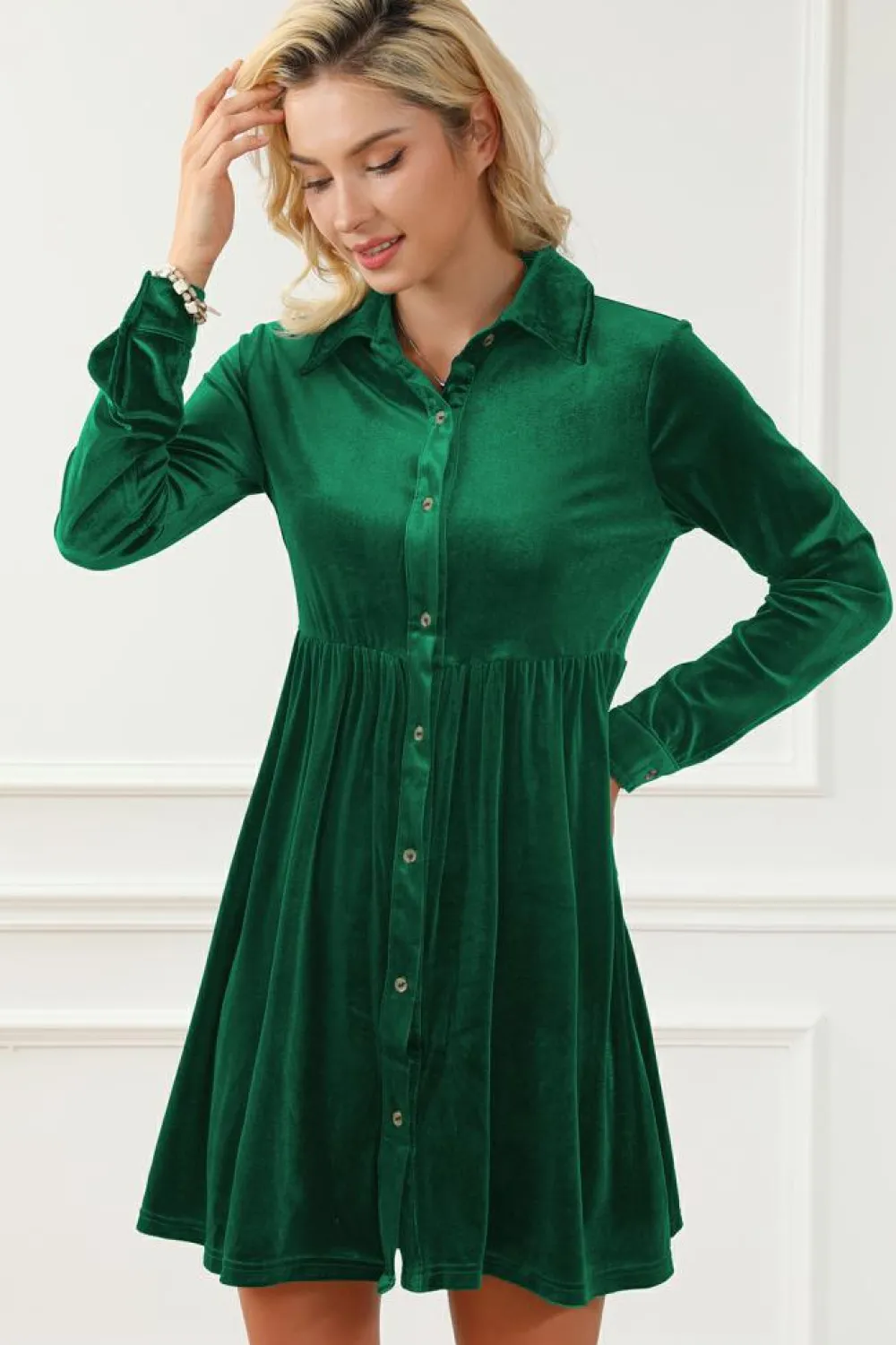 Outlet Dear-Lover Long Sleeve Ruffle Velvet Button Up Dress Green